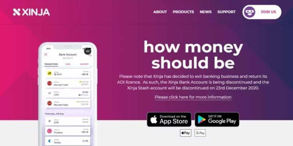 A message from Xinja that announces it has exited the banking business