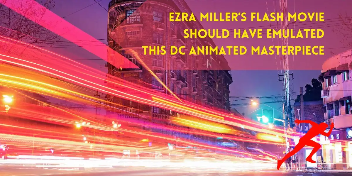 A red silhouette of a man running quickly through a city like the superhero, Flash
