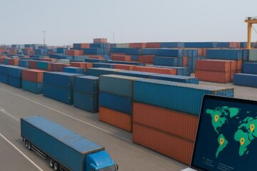 A truck drives through a container storage area.